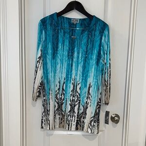 JM Collection Teal and Black Patterned Blouse